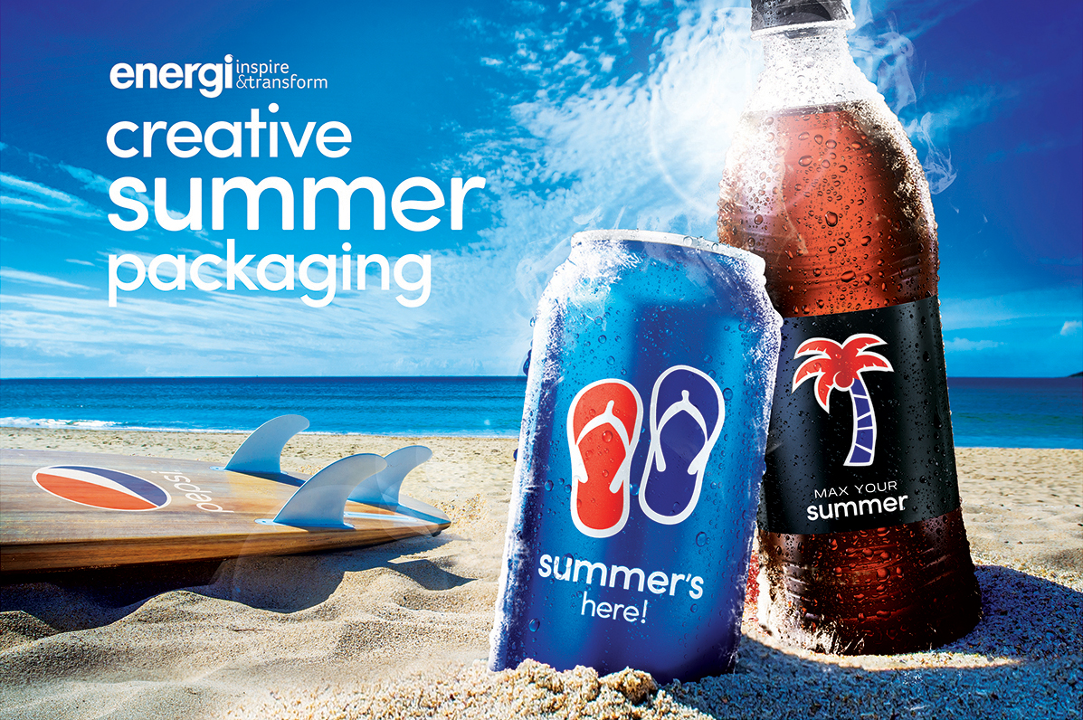 Energi Packaging Design Agency Specialists Creative Inspire Transform Pepsi Max Your Summer Campaign Can Bottle Label Beach Surfboard 