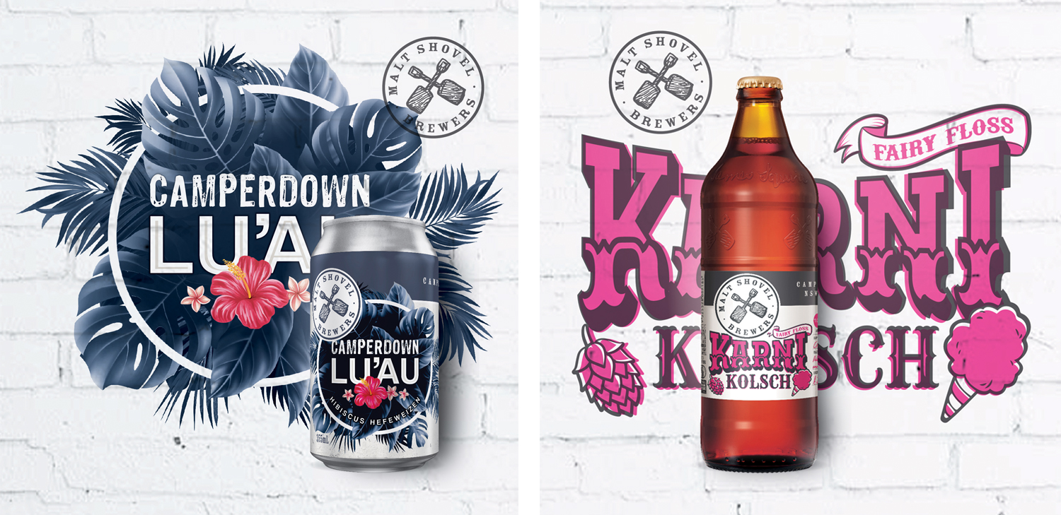 Energi Packaging Design Agency Specialists Malt Shovel Brewery Brewers Camperdown Luau Hibiscus Hefeweizen Karni Kolsch Fairy Floss Can Bottle Label Product Photography