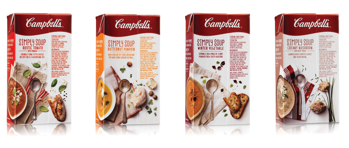 Energi Packaging Design Campbells Simply Soup Butternut Pumpkin Creamy Mushroom Rustic Tomato Winter Vegetable Tetra Pack Product Photography Back Box