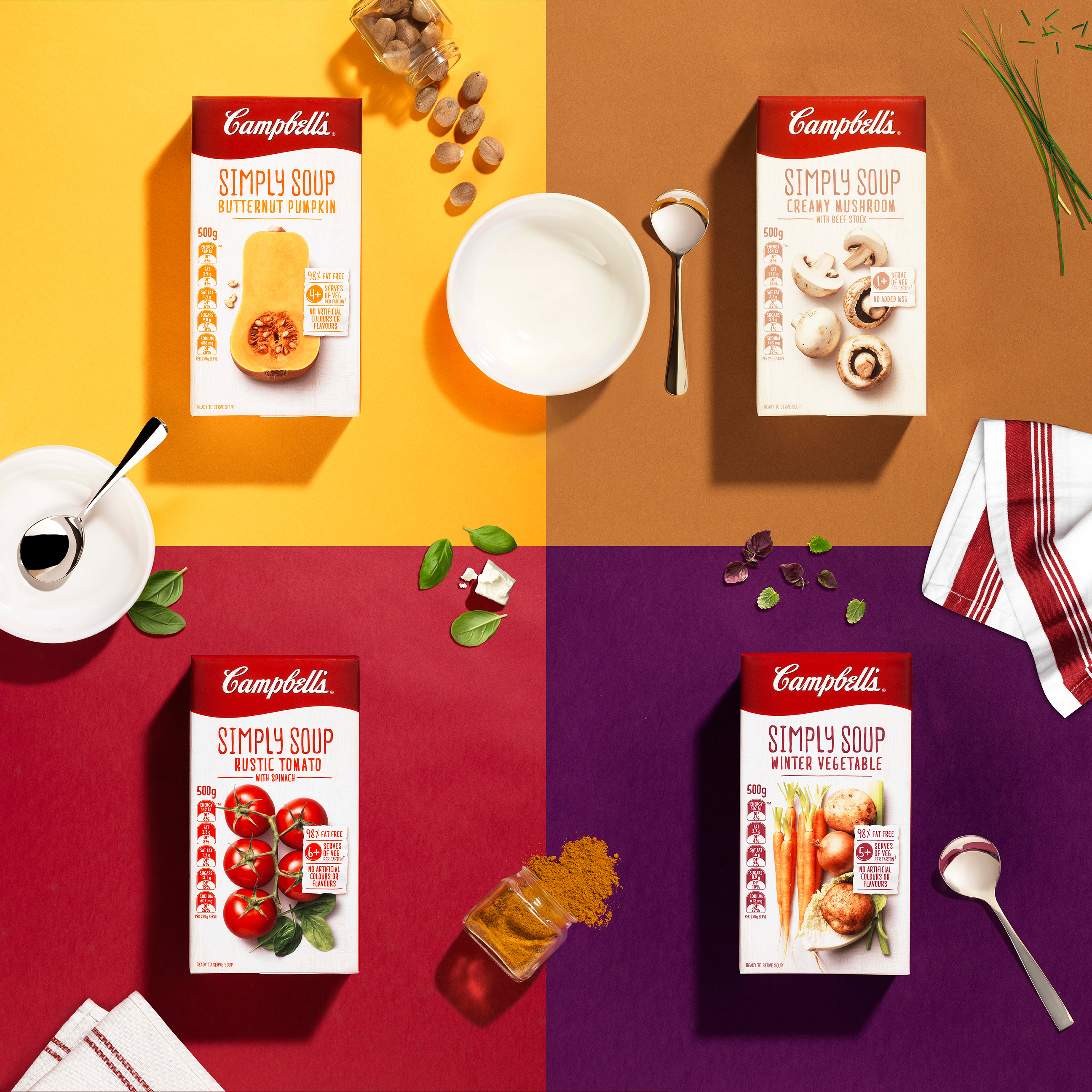 Energi Packaging Design Campbells Simply Soup Butternut Pumpkin Creamy Mushroom Rustic Tomato Winter Vegetable Tetra Pack Product Photography