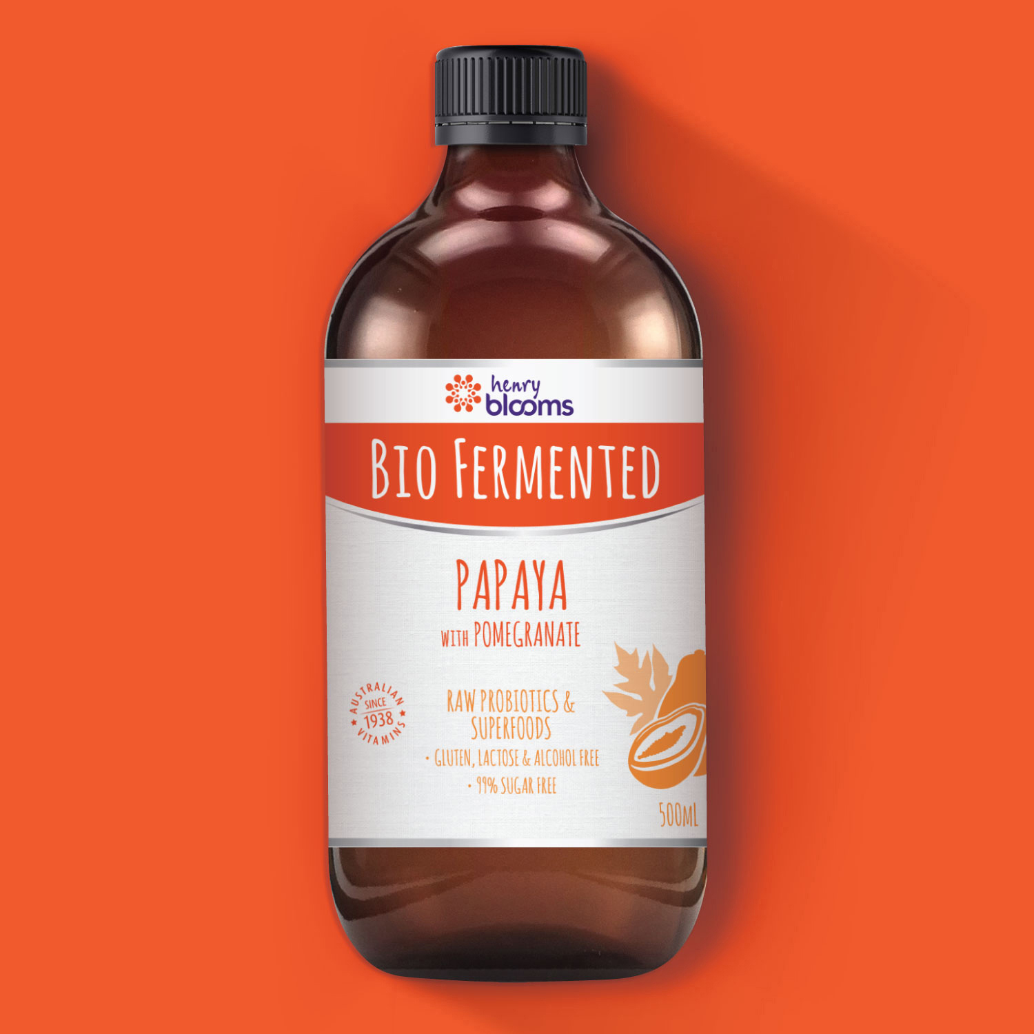 Energi Packaging Design Agency Specialists Henry Blooms Bio Fermented Gluten-Free Lactose-Free Alcohol-Free Sugar-Free Vitamin Mineral Supplement Raw Probiotics Superfood Superfoods Turmeric Papaya Pomegranate Product Photography Label